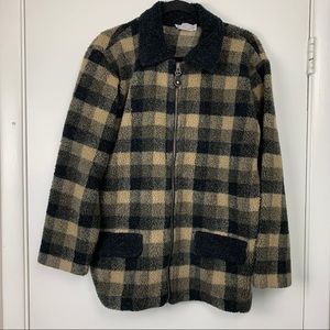 Vintage Teddy Fleece Jacket Plaid Brown Black